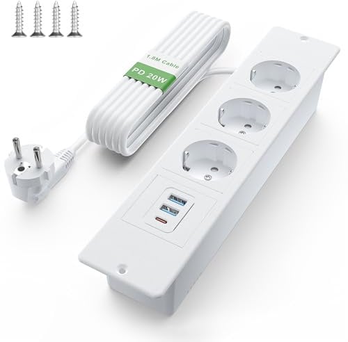 Multipresa da Tavolo Incasso con USB C PD20W, Presa da tavolo 3 prese con cavo da 1,8m, Multipresa da Scrivania per tavolo da conferenza, piano di lavoro, divano