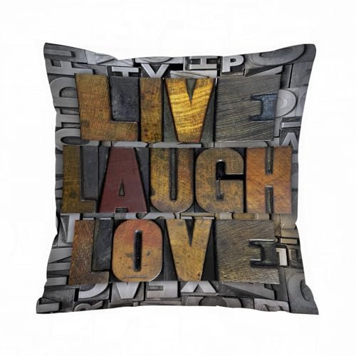 AELKSP Kissenbezug Kissenhülle Haus Dekorativ Für Jungen/Mädchen Wohnzimmer Schlafzimmer Sofa Stuhl Kissenbezüge,Die Worte LIVE Laugh Love in Vintage-Buchdruckschrift geschrieben,45x45 cm
