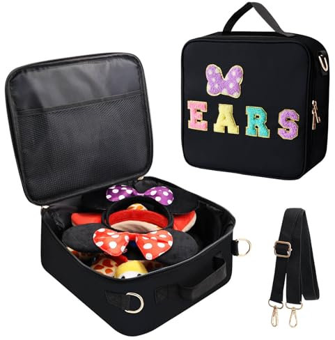 Chenille Letter Bow Mouse Ears Travel Case, Park Ears Headband Holder Hair Accessories Organizer Bag for Girls Women Kids Adults, Large Makeup Bag Snack Bags with Zipper for Travel Picnic - Black