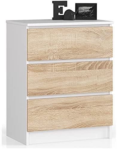 Home Collective Kommode in weiß-Sonoma mit 3 geräumigen Schubladen, 60 cm breit, 77 cm hoch Kommode Schlafzimmer Flur Wohnzimmer Organizer mit Schubladen Holz Highboard Sideboard Schrank