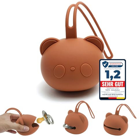 Tastic Schnullerbox Baby - Silikon Schnullerbox für unterwegs in Pandaform – Schnulleraufbewahrung BPA frei – Box vielseitig nutzbar und leicht zu Reinigen. braun