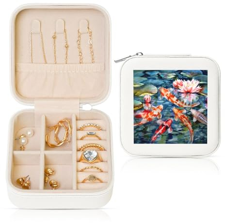 GSGCSBYMLG Japanischer Koi-Fisch bedruckter quadratischer Leder-Schmuckkästchen Schmuck-Aufbewahrungsbox Tragbare Schmuckschatulle