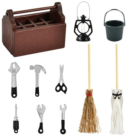 LXONTSG Miniatur Werkzeug, Wichtel Werkzeugkasten Set, Mini Holz Werkzeugkiste (D)