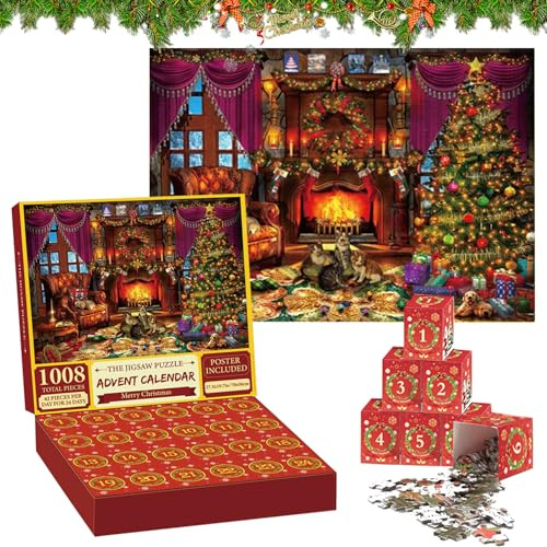 Adventskalender 2025 Puzzle,Weihnachten Katze Puzzle,24 Boxen Puzzles für Countdown bis Weihnachten,1008 Teile Puzzles Countdown bis Weihnachtens,Adventskalender für Kinder und Erwachsene