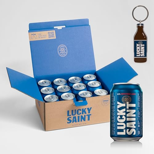 LUCKY SAINT Alcohol Free Beer - Unfiltered Lager, Case of 12 x 330ml cans with Keyring
