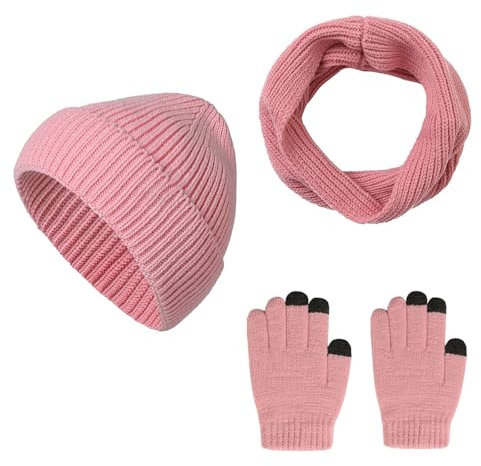 Set da donna con cappelli soffici e guanti caldi, sciarpa lunga, cappello caldo ispessito, sciarpa e guanti lavorati a maglia, set di tre sciarpe, guanti e cappello, rosa, Taglia unica