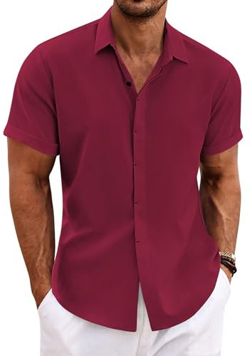 COOFANDY Men's Linen Shirts Short Sleeve Shirts Summer Holiday Shirts for Men Button Down Beach Shirts Wine red S