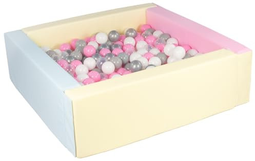 Velinda Piscine à balles carrée avec 300 balles, Cuir écologique, 5 éléments (Couleur de la Piscine/de balles: Rose, Bleu, Jaune (Pastel)/Blanc, Transparent, Rose Clair, Gris, Argent)