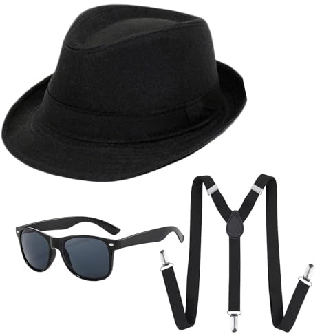 HREDZEO 3 Pcs Erwachsene 1920er Gangster Kostüm,1920s Jahre Herren Accessoires Schwarz Hut Gläser Krawatte Schnauzbart 20er Jahre Herren Kostüm Accessoires Set für Karneval Halloween