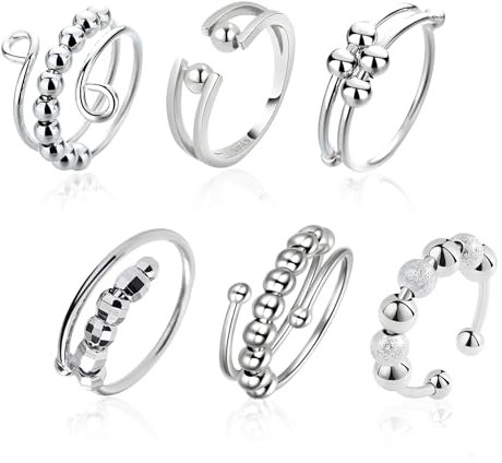 6 Stück Anxiety Ring Fidget Anti Stress Worry Ring Mit Kugeln Gegen Stress Ringe Zum Drehen Spinner Damen Zappelringe Offen Und Einstellbar, Lindert Stress Und Angst
