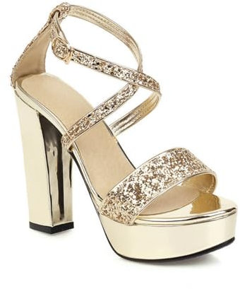 Femmes Croix Cheville Bride Robe Escarpins Bout Ouvert Paillettes Sandales D'Été Talon Haut Épais Plateforme Chaussures,d'or,34 EU
