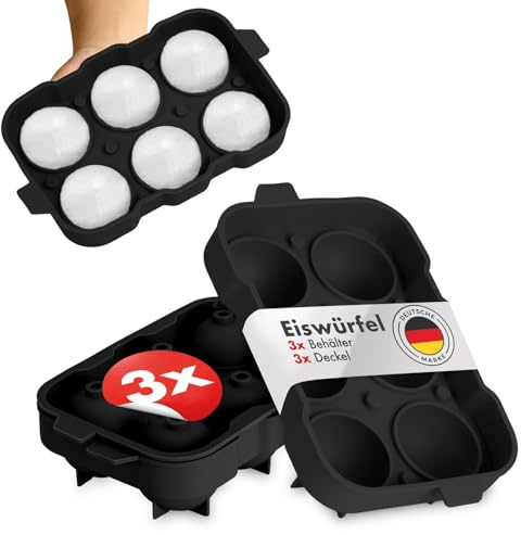 Blumtal Eiswürfelformen Silikon 3er Set - 6er Eiswürfelform mit Deckel - BPA-freie Silikon Eiskugelform groß - Silikonform Eiswürfel rund - Ice Ball Maker - Schwarz