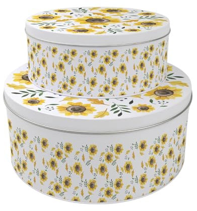Purely Home Yellow Sunflowers Set of 2 Cake Tins Gift - Summery Floral Nesting Round Large & Medium Metal Storage Containers for Cakes and Baking