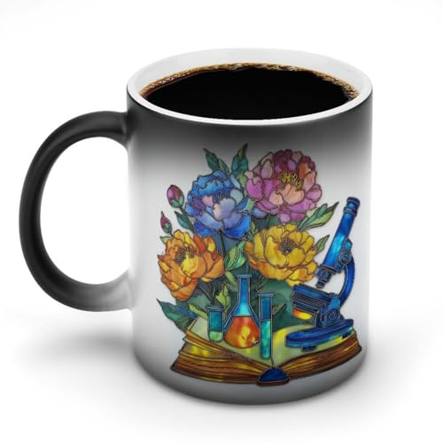 Jubonexis Stained Glass Book with Blue Microscope Color Changing Mugs Heat Changing Ceramic Coffee Mug Novelty Funny Tea Water Cup 11OZ