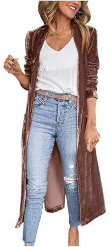 UPPJPBSW Women's Long Velvet Duster Jacket Trendy Velour Lapel Open Front Cardigan Vintage Outerwear Trench Coat,Brown,L