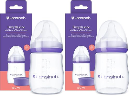 Lansinoh Babyflasche mit NaturalWave Sauger Gr. S, 160 ml - neues kompaktes Design für verbesserte Stabilität - mit stapelbarem Deckel (Packung mit 2)