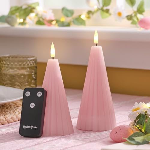 Lights4fun 2er-Set TruGlow® Kegelförmige geriffelte Kerzen aus Echtwachs | Warmweiße flackernde LEDs | mit Fernbedienung & 6h-Timer | Batteriebetrieben | Deko Frühjahr Tisch & Wohnbereich | Zartrosa