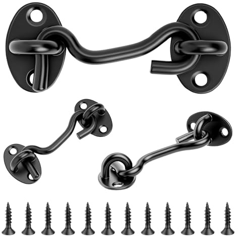 3 Pairs Cabin Hook and Eye Latches, 2.95 Stainless Steel Gate Hook and Eye Latches, Garden Gate Latch for Wooden Gates, Black Door Latch Lock Shed Lock, Cabin Hooks for Doors Outside Garage Doors