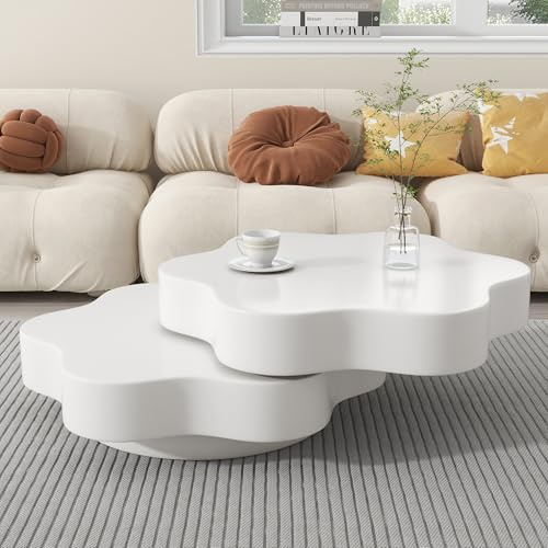 BTM Table Basse Forme Fleur 74.8x67.5x31 cm Plateau Tournant 360°, 2 Étagères Double Couche MDF, Crème