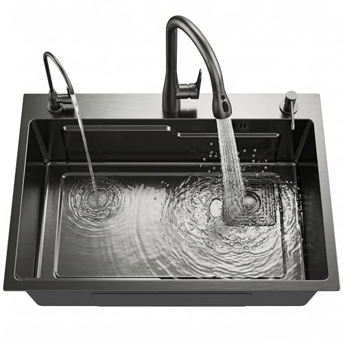 Évier de cuisine avec robinet extractible et rince-verres, plan de travail sur rail en Z, vasque à encastrer ou sous plan effet lotus