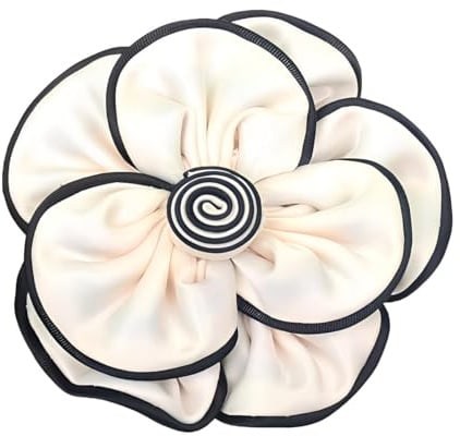 Cute Camellia Flower Brooch Hair Clip for Women, Satin Fabric Black White Floral Jewellery - 7.5cm Lapel Pin, Wedding Party Dance Clothes Dress Accessories (White)