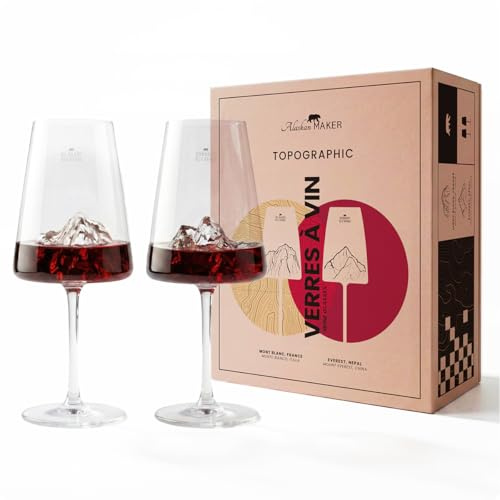 Alaskan MAKER Coffret de 2 verres à vin 400 ml - Verre borosilicate qualité supérieure soufflé bouche avec montagne en relief 3D au fond | Coffret rigide carton premium aimanté | TOPOGRAPHIC