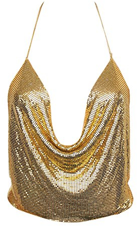 ZUMUii Butterme Damen Sexy Deep V Kette Halter Ärmellos Backless Metall Weste Sequin Crop Top Club Wear (Gold)