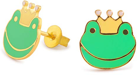 Monkimau Damen Ohrringe Frosch König Kopf Ohrstecker aus Messing Gold plattiert handbemalt