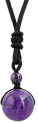 mookaitedecor Natural Purple Amethyst Healing Crystal Bead Pendant Necklace for Men Women, Tumbled Round Stone Necklace Reiki Chakra Crystal Jewellery Gift Semi Precious Stone Necklace with Black Cord