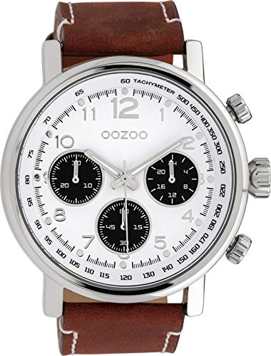 Oozoo Herrenuhr mit Lederband 48 MM Weiss/Rotbraun C10060