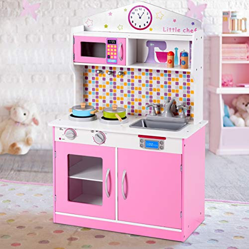 COSTWAY Kids Play Kitchen Set with Microwave Oven, Hooks, Stove and Removable Sink, Educational Children Pretend Kitchen Toy for Nursery and Kindergarten