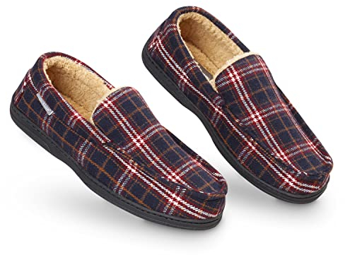 DUNLOP Chausson Homme Semelles Antidérapantes Chaussons Charentaises Hommes Mémoire de Forme Intérieur Extérieur Pantoufles Mocassins Loafers Hiver (43 EU, Bordeaux et Marine)