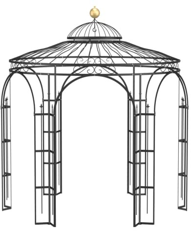 ELEO Pavillon Milano schwarz mit Dekorkugel - rund 3x3 m Rankpavillon für den Garten handgeschmiedet Schmiedeeisen - Rosenpavillon Metall stabil rostfrei pulverbeschichtet - für draußen Winterfest