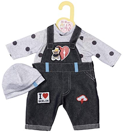 Dolly Moda Berlin Outfit, Puppenkleidung Set bestehend aus Puppenshirt, Latzhose in Jeans-Optik und Mütze, 870969 Zapf Creation