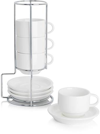 Sweese Espressotassen aus Porzellan, stapelbar, mit Untertassen und Metallständer, 70 ml, Weiß, 4 Stück
