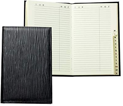 DELMON VARONE - Personalisierbares Adressbuch DIN A7 gebunden mit A-Z Register Manhattan Premium Leder schwarz, Mini Taschen Telefonbuch im Hardcover Einband & alphabetischem Telefonregister klein