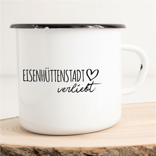 Huuraa Emaille Tasse Eisenhüttenstadt Verliebt 300ml | Geschenk Kaffeebecher Vintage Blech Campingtasse mit Schwarzem Rand Kaffeetasse Geschenkidee