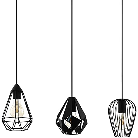 EGLO Pendelleuchte Distaff, 3 flammige Hängelampe, Hängeleuchte aus Metall in Schwarz, Esstischlampe, Wohnzimmerlampe hängend mit E27 Fassung, L 90 cm