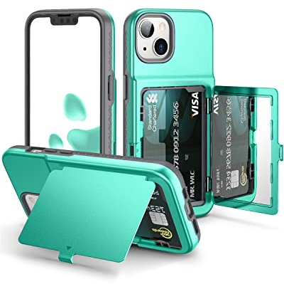 WeLoveCase for iPhone 13 / iPhone 14 Wallet Case with Credit Card Holder & Hidden Mirror, Two Layer Shockproof Heavy Duty Protection Cover Protective Case for iPhone 13/14 6.1 Inch-Mint Green
