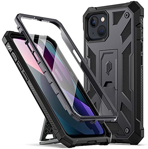 Poetic Compatible with iPhone 13 Case, Spartan Series Phone Case for iPhone 13 (6.1 inch, 2021) Full Body Rugged Premium Leather Texture Shockproof Protective Cover with Kickstand, Metallic Gun Metal