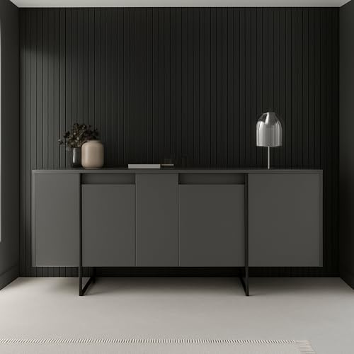 Dmora Sideboard Betel 160x35x80 cm Schwarz 4 Regale, 4 Türen