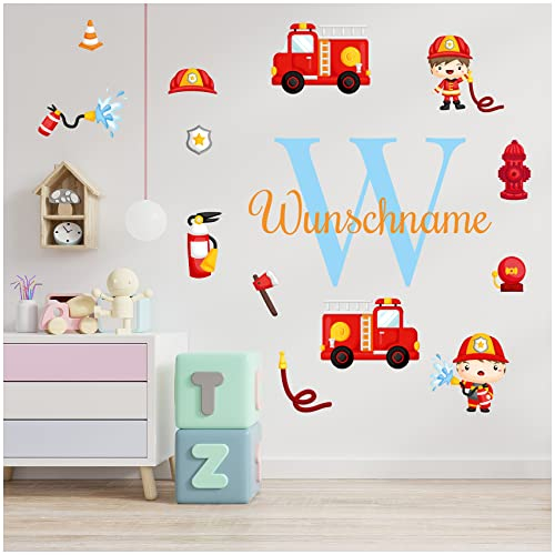 Wandsticker personalisiert Sticker Aquarell Tiere mit Name Wandtattoo für Kinderzimmer Babyzimmer Spielzimmer Mädchen Junge Y037 (Nr. 29 Feuerwehr, Mit Wunschname)