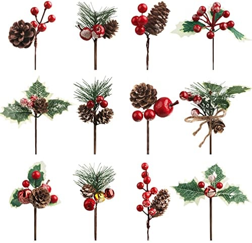 Larber 12 Stück Künstliche Tannenzweige mit Roten Beeren und Tannenzapfen Weihnachtsblüten Picks für Weihnachten DIY Bastelgeschenk Verpackung Blumenarrangements Kränze Urlaubsdekoration