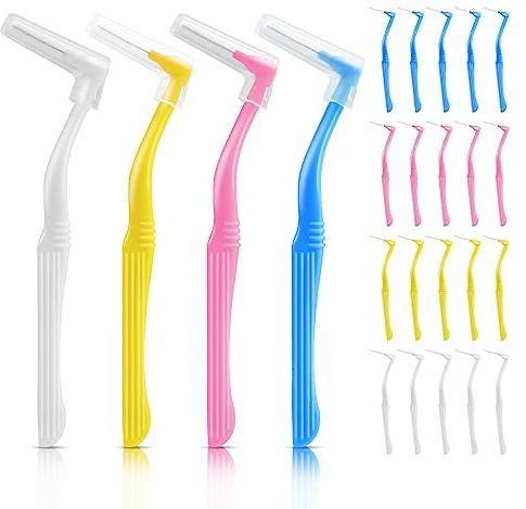 Prasacco 20 Stück Interdentalbürsten, 1,3cm L-Förmige Zahnzwischenraumbürsten 4 Farben Plastik Tragbarer Interdentalbürsten mit 9 cm Langem Griff für Zahnreinigung (Orange, Blau, Weiß, Rosa)