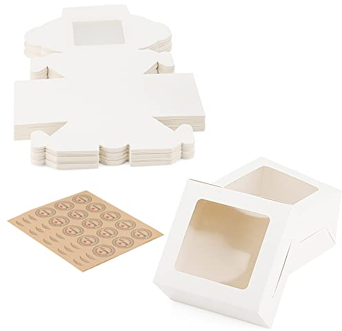 ZEONHAK 60 PCS 4 x 4 x 2.5 Inch White Cake Boxes Small, 10 x10 x 6.5cm Single Cupcake Boxes with Window, Bakery Boxs, Individual Cake Boxes for Wedding Birthday Party