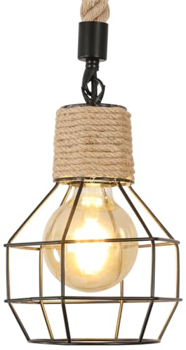 Riserva Lámpara Colgante Retro Industrial, E27 Lamparas de Techo Cuerda de Cáñamo Salon, Iluminación Colgante Ajustable En Altura para Dormitorio, Cocina, Restaurante, Bar, Cafetería (15x20CM)