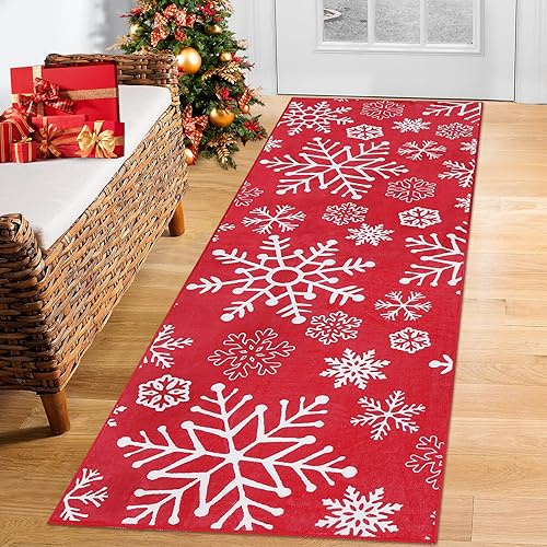 LuxFocus Weihnachtsteppichläufer, 60 x 2,4 m, für Flur, Weihnachten, Heimdekoration, weicher Küchenläufer, waschbar, Bodenmatte für Schlafzimmer, Esszimmer, rutschfeste Schneeflockenmuster, roter