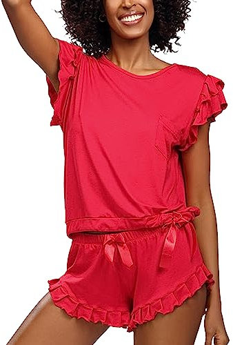 DKaren Damen Schlafanzug Set Lulu XS - Zweiteiler Damen Pyjama - Loungewear mit Kurzen Ärmeln und Shorts - Nachtwäsche Damen mit Tasche und Rüschen - Pjama Set Kurz Rot
