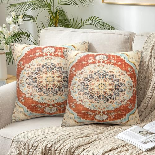 2er Set Boho Kissenbezüge 40x40 Indische Kissenhülle Exotische Muster Orientalische Kissen Beige Coffee Square Kissenbezüge Retro Leinenoptik Sofakissen Dekorative für Sofa Schlafzimmer