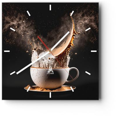 Modern Wanduhr Kaffee Milch Tasse 30x30cm Quadrat Klein Wand Uhr Glas Analog Zimmeruhren Küche Büro Wohnzimmer Glasuhr Wall Clock Dekoration Design Wanddekoration Küchenuhr C3AC30x30-5718